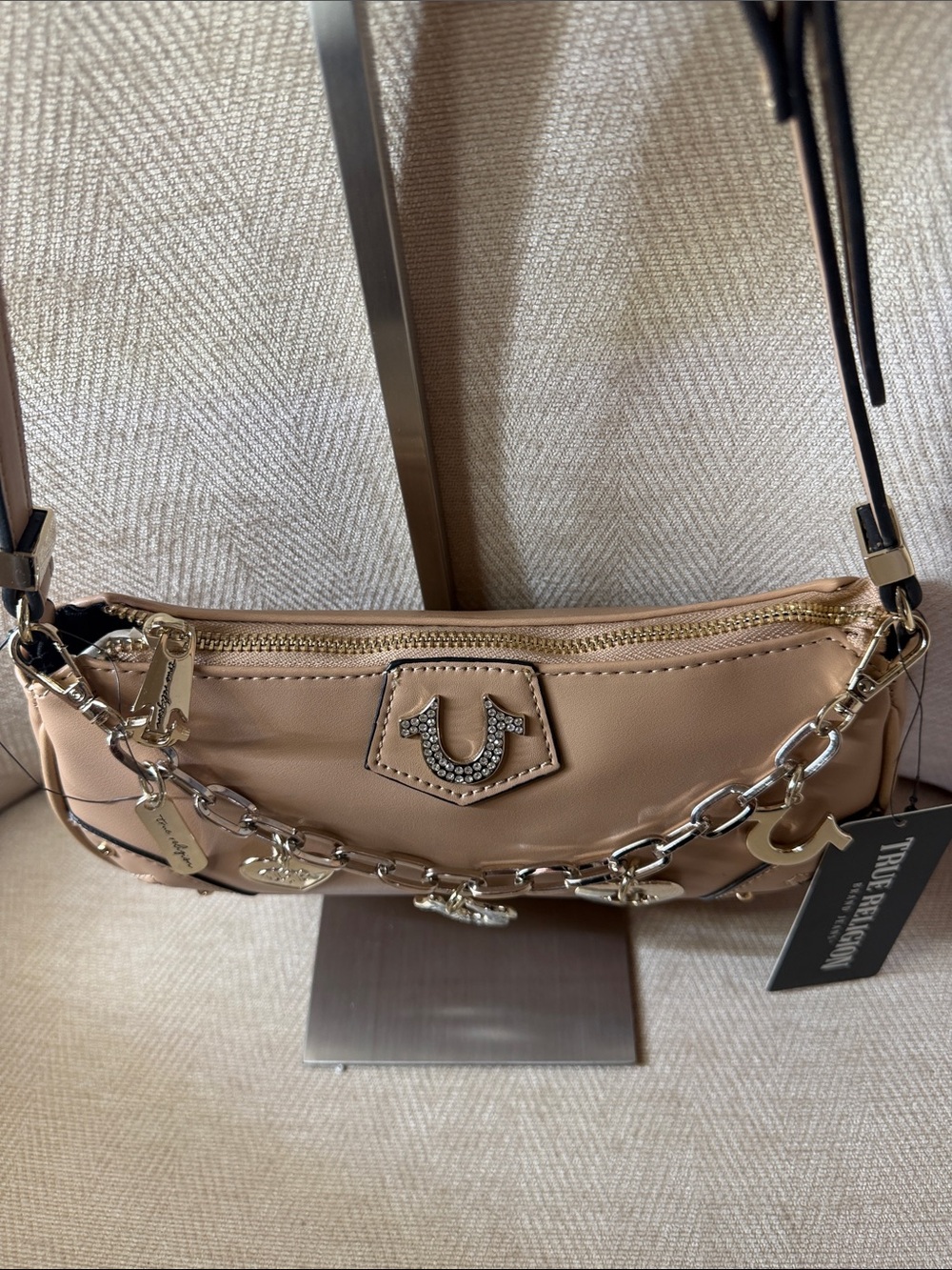 True Religion Beige Shoulder Bag with Silver Charm Chain - Picture 8 of 15